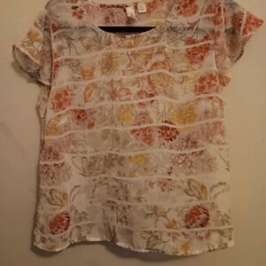 Tacera Blouse,  Women’s Size PL Sheer Floral Pinks flutter Sleeves Classy Flowy